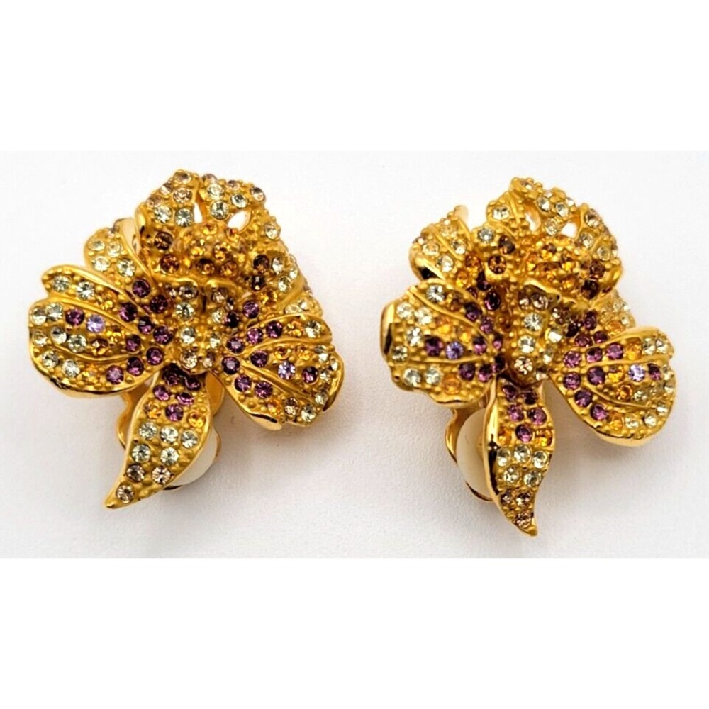 JOAN‎ RIVERS OMBRE CRYSTAL YELLOW GOLD ORCHID CLIP ON EARRINGS SWAROVSKI PURPLE